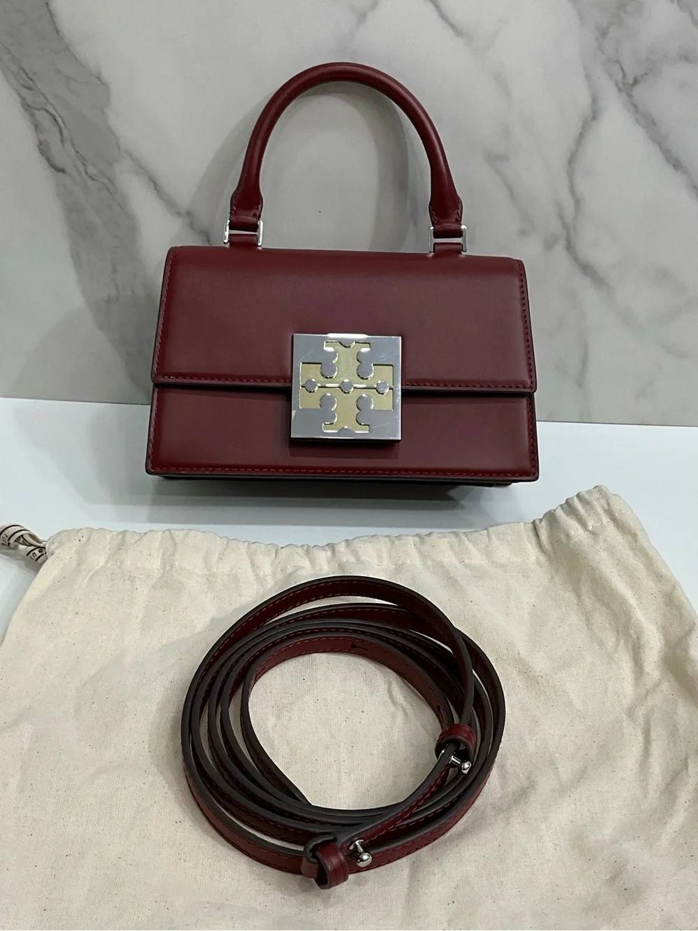 TORY BURCH Bon Bon Spazzolato Leather Mini Top Handle Crossbody Bag Burgundy